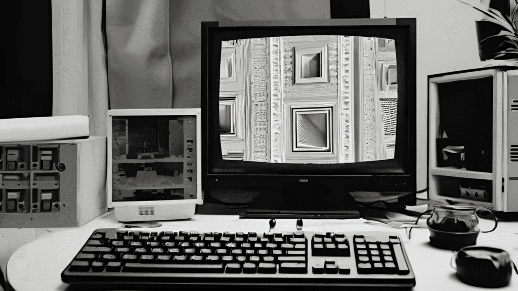 Gammaldags datoruppsättning med en skärm som visar ett abstrakt mönster